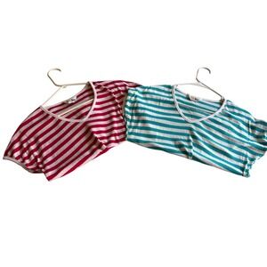 Vintage Eccobay Striped V-Neck T-Shirts Set of‎ 2 Red Teal White Large Retro